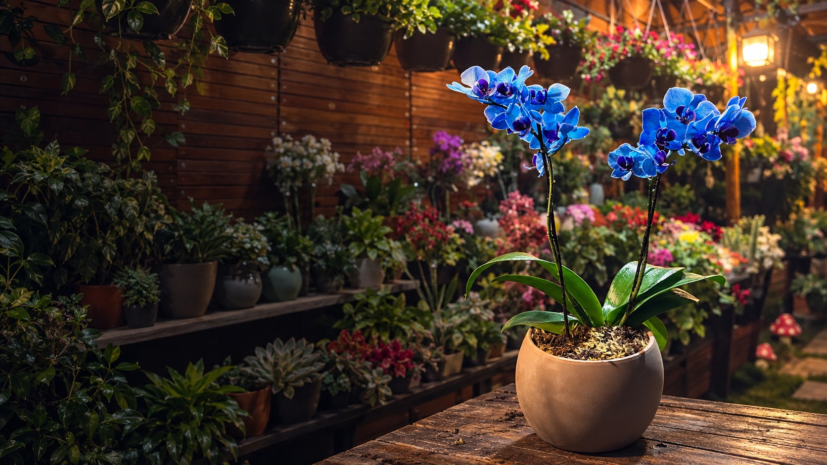 Orquídea azul em vaso fotografada pela Ouro Verde